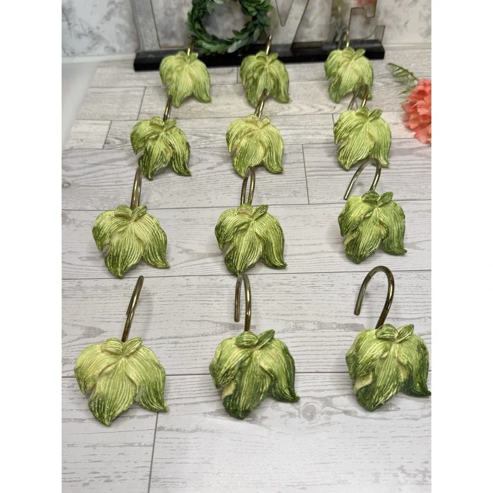 Set of 23 Green Leaves Shower Curtain Hooks Vintage Gold Tone Metal‎ Nature GUC